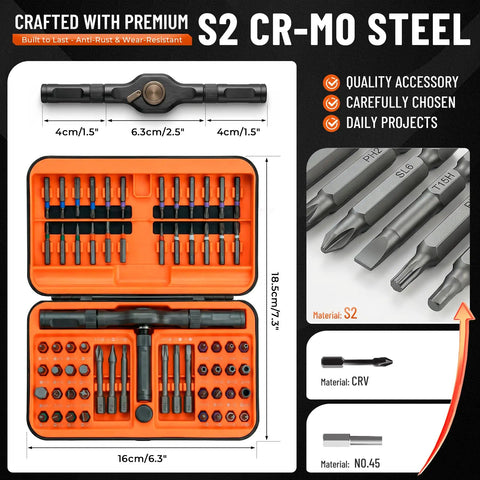 66 In 1 Magnetic Ratchet Screwdriver Set With S2 Steel Bits, Pro Grade Tool Kit Featuring dimensions and bit materials