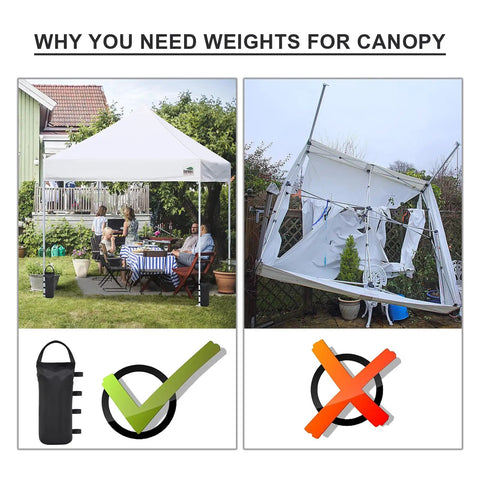 Comparison of stable and tipped canopy tents with 4 Pack 125 Lb Universal Canopy Weights For Instant Shelters, wind protection.