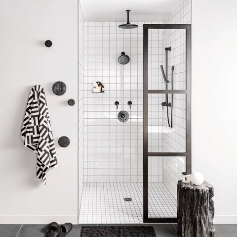 Bathroom with Extended 18-Inch Straight Overhead Shower Arm In Matte Black Finish With 1/2 Inch IPS Connections, modern look