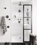 Modern shower with white tiles and Align Matte Black Volume Control Valve Trim Kit Requires S3360 Valve For Easy Install Sleek Shower Upgrade
