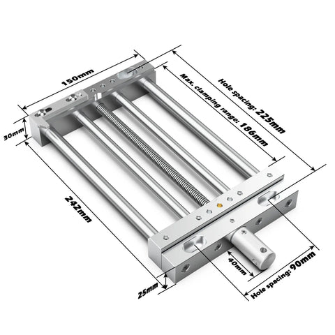 CNC Router Beefy High-Precision Aluminum Vise Bench Clamp For Milling And Machining, 150mm Wide, 186mm Clamping Range, Heavy-Duty Aluminum Construction, All-Make Compatibility; top view dimensions