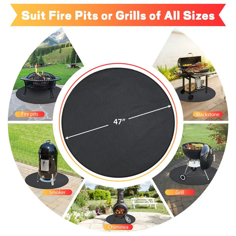 47 Inch Round Fire Pit Mat For Outdoor Grills And Camping displayed with various grills and fire pits