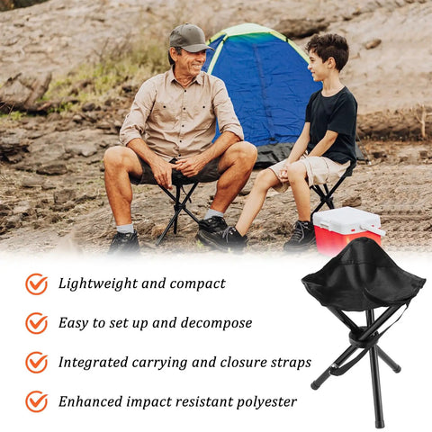 Adults using 2 Pack Portable Folding Camping Stool With Built In Shoulder Straps For Easy Carry Lightweight Tripod Chair.