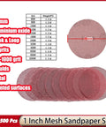 Heavy Duty 1 Inch 25mm Mesh Hook Loop Sanding Discs With Super Fine To Rough Grits From 60 All The Way To 1000, showing grit details and mesh design.