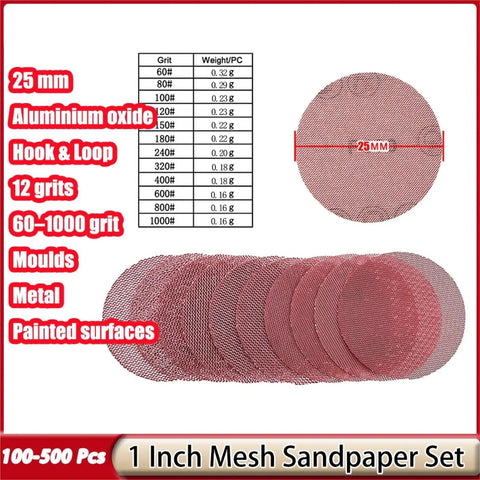 Heavy Duty 1 Inch 25mm Mesh Hook Loop Sanding Discs With Super Fine To Rough Grits From 60 All The Way To 1000, showing grit details and mesh design.
