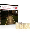 LED Rope Lights 16ft Clear Warm White 3000K For Indoor And Outdoor Use, product box and coiled lights on white backdrop