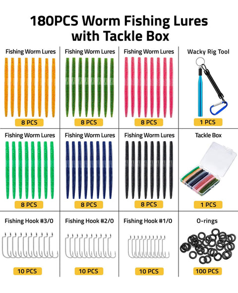 Ultimate Wacky Worm Kit For Bass Fishing With 180 Soft Plastic Lures 48 5.5 Inch Worms 100 O Rings Wacky Rig Tool 30 Hooks