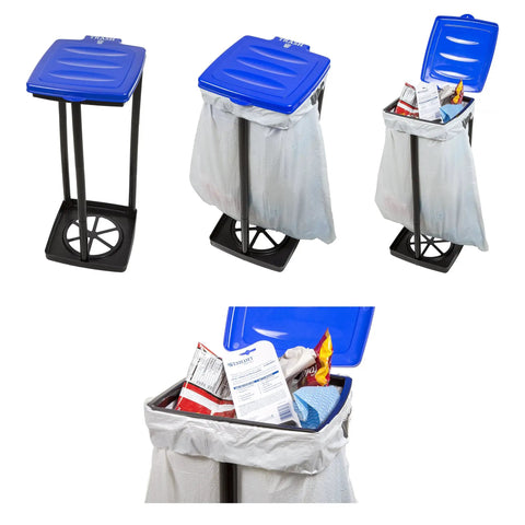 Portable Collapsible 13 Gallon Trash Bag Holder for Indoor Outdoor Use On The Go Camping And Parties Durable Plastic Trash Can Easy To Set Up Great For Recycling And Mess Cleanup Blue with open blue lid and trash contents visible