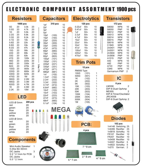 Massive Electronic Component Kit With 1900 Parts Including Capacitors Resistors LEDs Transistors Diodes 1N270 Germanium