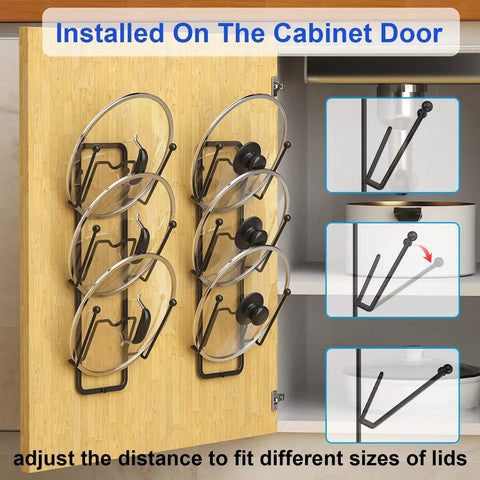 2 Pack 6 Tier Pot Lid Organizer For Cabinet With Wall Mount And Strong Adhesive Backing Sturdy Pan Lid Holder Rack showing lids mounted on a wooden cabinet door.