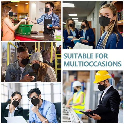 Collage of people wearing KN95 Face Mask 40 Count 5-Ply Cup Design Dust Protection Masks Breathable Filtration Against PM2.5.