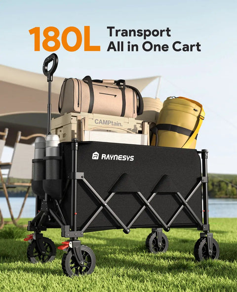 Beefed Up Heavy Duty Foldable Wagon Cart With All Terrain Wheels, 330Lb Capacity And 180L Cargo Space, Brakes For Camping