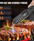 0.5 Second Instant Read Meat Thermometer With Rechargeable Battery in use over steak on grill, showing temperature reading.