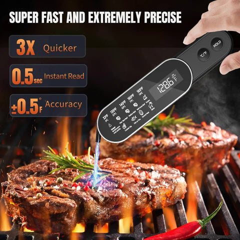 0.5 Second Instant Read Meat Thermometer With Rechargeable Battery in use over steak on grill, showing temperature reading.