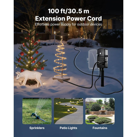 Heavy Duty Outdoor Power Stake With A Rock Solid 100 Ft Extension Cord Providing Six Rain Resistant Outlets For Christmas Lights Backyard Setup Grounded Reliable for outdoor decor.