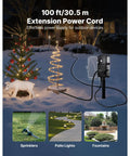 100 Ft Heavy Duty Outdoor Power Stake Extension Cord With Six Weatherproof Sockets And 13A Heavy Gauge Cable for festive outdoor setup.