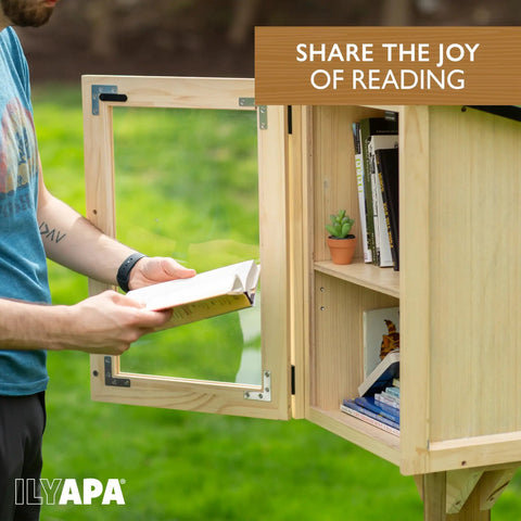 Outdoor Library Box For Book Exchange Rustic Wood Cabinet Sized 16x14x22 Inches Perfect For Front Yard Park Or School Shared Reading Easy Post Mount Weather Resistant Community Reading Kit To Share Books And Arts open displaying books