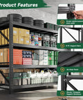 Heavy Duty Metal Garage Shelving Unit With 71.3 Inch Wide 24 Inch Deep 70 Inch Tall Industrial Black 4 Tier Adjustable Storage Racks, 5000 Lb Capacity For Shop And Warehouse, featuring reinforced structure and support bars.