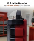 Close-up of foldable handle on red 1500W Ceramic Space Heater With Fan, Portable Electric Space Heater With Three Modes, Adjustable Thermostat.