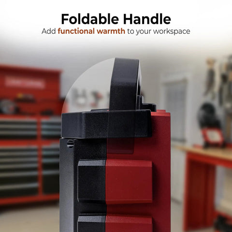 Close-up of foldable handle on red 1500W Ceramic Space Heater With Fan, Portable Electric Space Heater With Three Modes, Adjustable Thermostat.