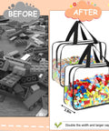 Before and after comparison of Six Pack Large Clear PVC Toy Storage Bags With Labels filled with colorful building blocks.
