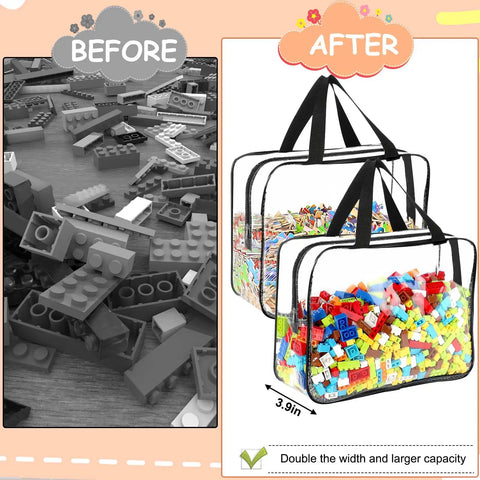 Before and after comparison of Six Pack Large Clear PVC Toy Storage Bags With Labels filled with colorful building blocks.