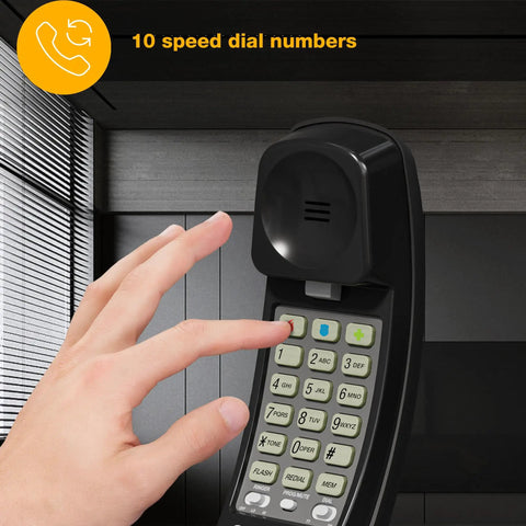 Straight Up Reliable Trimline Corded Landline Phone Works Like A Dream With Bright Backlit Keypad showing ten speed dial buttons in use.
