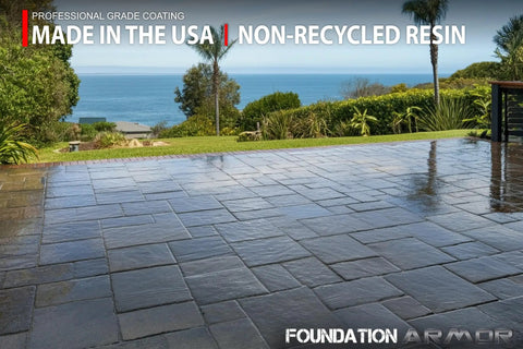 Heavy Duty Solvent Based Acrylic High Gloss Wet Look Cure And Seal For Concrete And Pavers 5 Gallon on a glossy patio surface.