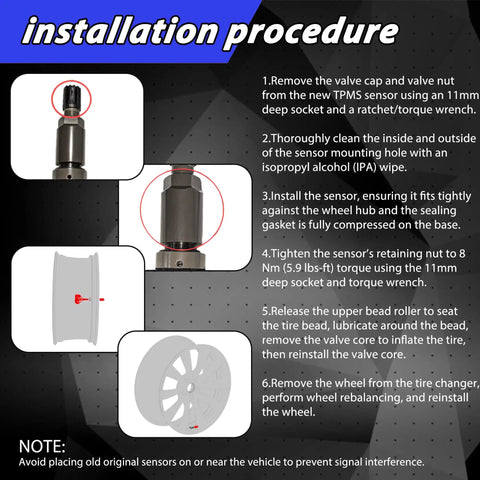 Installation guide for Top Shelf Four Piece Bluetooth TPMS Sensor Kit For Tesla Model 3 Y S X 2020 To 2025 with detailed steps.