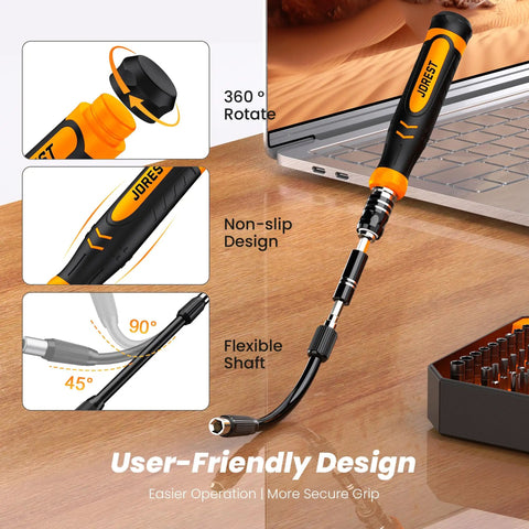 115 In 1 Precision Screwdriver Set With 103 Magnetic Bits showing flexible shaft and non-slip design near laptop
