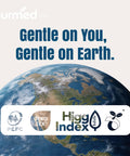 Earth image with 'Gentle on You, Gentle on Earth' text and sustainability certifications like PEFC, OEKO-TEX, Higg Index logos.