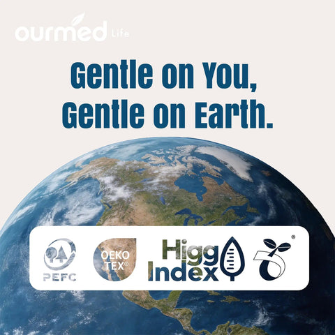 Earth image with 'Gentle on You, Gentle on Earth' text and sustainability certifications like PEFC, OEKO-TEX, Higg Index logos.