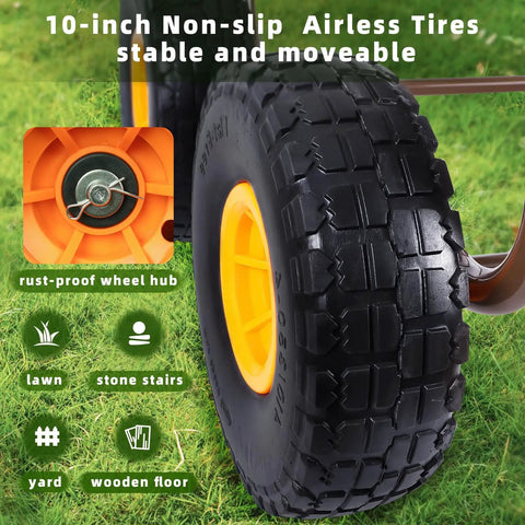 Close-up of tire on Heavy Duty Freestanding Hose Reel Cart With Four Wheels That Holds 300 Feet Of 5/8 Inch Hose Includes 6.5 Foot Leader Hose No Kink Brass Connector A Yard Workhorse For Outdoor Garden Lawn Use