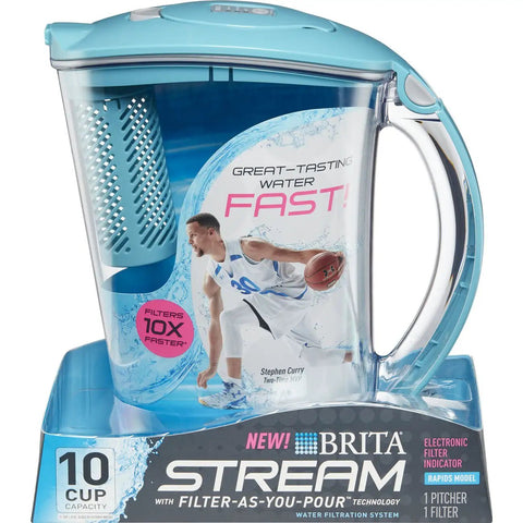 10 Cup Water Filter Pitcher With One Stream Filter For Tap Water, BPA Free, Lake Blue, on display in packaging