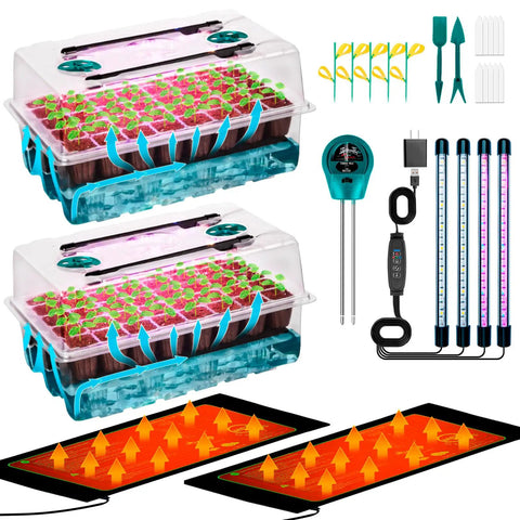 Self Watering Seed Starter Tray With Grow Light And Heat Mat 80 Cell Kit showing two humidity domes, LED light, and accessories