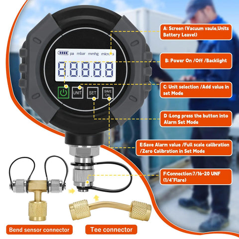 Digital HVAC Micron Vacuum Gauge 0 To 75,000 Microns With Pirani Sensor For Fast Accurate Readings And Micro Leak Detection Pro Grade Vacuum Quality Check In AC Systems. Front view with display and connectors