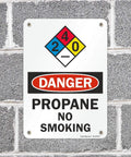 Heavy Duty Aluminum Danger Propane No Smoking Warning Sign NFPA on a grey wall, 7 X 10 inch plate for safety.