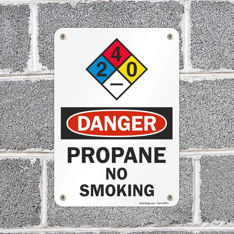 Heavy Duty Aluminum Danger Propane No Smoking Warning Sign NFPA on a grey wall, 7 X 10 inch plate for safety.