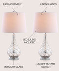 Mercury Silver Glass Table Lamp Set Of 2 With White Linen Shades, 25.5 Inch Sleek Modern Transitional Trellis Design