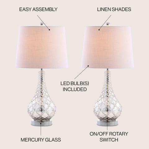 Mercury Silver Glass Table Lamp Set Of 2 With White Linen Shades, 25.5 Inch Sleek Modern Transitional Trellis Design