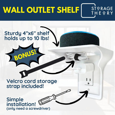 Outlet Shelf With Cord Storage Strap To Declutter Counter Space And No Wall Damage, A Space Saver Charging Station, White, 4 Pack