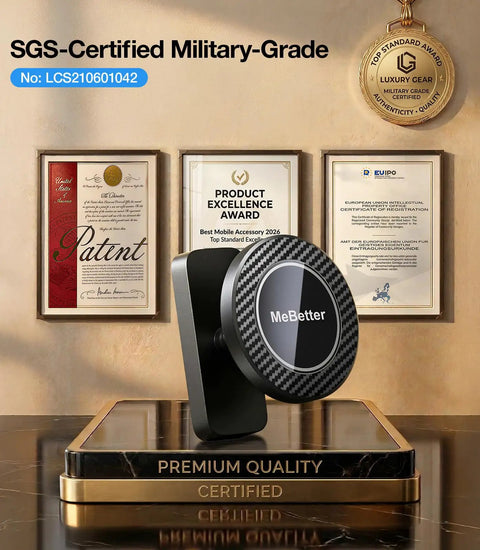 Magnetic Golf Cart Phone Holder With 28 Strong Magnets, Military-Grade Durability, displayed with awards and certifications.