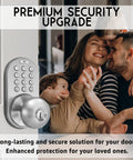 TKK Digital Door Knob Lock With Electronic Keypad Satin Nickel Finish installed on door beside a happy family