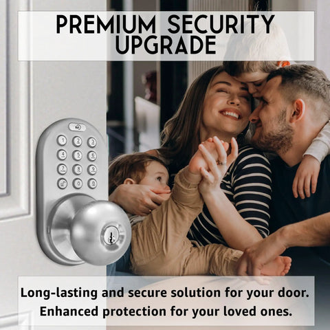 TKK Digital Door Knob Lock With Electronic Keypad Satin Nickel Finish installed on door beside a happy family