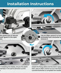 Installation instructions for 5 Inch Cordless Circular Saw Kit With Brushless Motor 6000 RPM, showing steps for blade mounting.