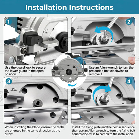 Installation instructions for 5 Inch Cordless Circular Saw Kit With Brushless Motor 6000 RPM, showing steps for blade mounting.