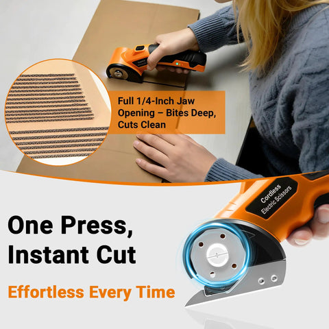 Heavy Duty Cordless Electric Scissors With Led Work Light And Safety Lock, Rechargeable 4V Box Cutter For Cardboard Leather Fabric, 2000Mah Battery Cuts Materials Like A Hot Knife Through Butter cutting through corrugated cardboard.