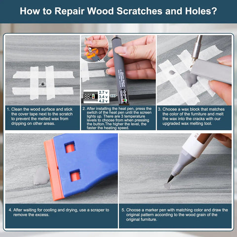How to Repair Wood Scratches on Laminate with Heat Pen and Wax Blocks from Knock Out Those Stubborn Scratches On Laminate Or Vinyl Wood Floors With This Hassle Free Repair Kit Including A Heat Pen Eleven Wax Sticks And Dual Tip Markers For A Smooth Furniture Touch Up.