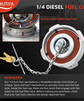 1/4 turn diesel fuel cap with locking mechanism, chain, and keys shown in close-up view, labeled push and turn function.