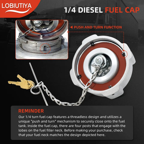 1/4 turn diesel fuel cap with locking mechanism, chain, and keys shown in close-up view, labeled push and turn function.